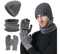 FUBABCO Ensemble Hiver 3 en 1 - Bonnet Écharpe Gants Homme - Chaud Doublé Polaire - Tricot Beanie et Gants Écran Tactile - Set Thermique pour Ski