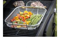 FUBESK Panier de barbecue en acier inoxydable pour légumes, 38,1 x 27,9 cm, poêle à griller robuste avec poignées pour viande et fruits de mer, argenté