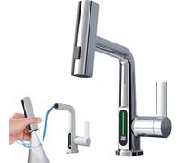 FUBESK Robinet de cuisine avec pulvérisateur extractible et affichage numérique de la température, pour évier de salle de bain ou de cuisine, pivotant à 360°, construction en laiton, blanc/noir/gris