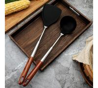 FUBESK Spatule et louche en silicone noir avec manche en bois, acier inoxydable 304 résistant à la chaleur, ustensiles de cuisine, wok, écumoire et fente