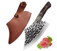 Fubinaty Couteau couperet japonais Couteau de chef forgé à la main Couteaux de cuisine en acier à haute teneur en carbone avec gaine en cuir et manche en bois pleine soie pour restaurant à la maison