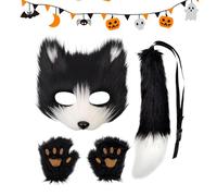 Fuchs costume costume cosplay avec bite poilue, masque et gants ensemble de costumes, cosplay -costume -set -set, vêtements de fête avec chat doux avec fausse plume, cosplay drôle -