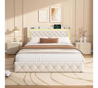 FUCMKON Lit 160 x 200 cm, avec sommier à lattes, espace de rangement, lit double avec tête de lit LED et prise USB, en velours, sans matelas (beige B, 160 x 200 cm)