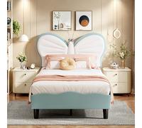 FUCMKON Lit d'enfant 90 x 200 cm, rembourré, lit simple, avec tête de lit réglable en hauteur en forme de papillon et LED, lit princesse, sommier à lattes, en velours, sans matelas, bleu I, 90 x 200