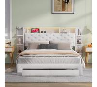 FUCMKON Lit double capitonné en métal, 160 x 200 cm, avec espace de rangement pour tête de lit LED et prise USB, avec 2 tiroirs, sommier à lattes, fonctionnel, sans matelas (blanc F, 160 x 200 cm)