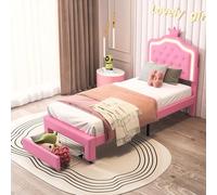 FUCMKON Lit simple 90 x 200 cm, pour fille - Espace de rangement - Avec tiroirs et tête de lit LED réglable et sommier à lattes - Lit de princesse couronne rembourré - Sans matelas - Rose B, 90 x 200