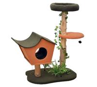 Fudajo Arbre à Chat - 114 cm de Haut - Design végétal avec Lierre et fougères - Meuble grattage félin Peluche - Couleur Vert-Orange - avec Cabane asymétrique, sisal, Niche et Plate-Forme, balles