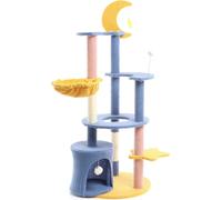 Fudajo Arbre à chat - 132 cm de haut - design ludique avec Lune et Étoiles - Meuble grattage félin peluche - Couleur bleu-jaune - avec Maison, sisal, niche et plate-forme, balles de jeu