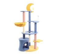 Fudajo Arbre à chat - 132 cm de haut - design ludique avec Lune et Étoiles - Meuble grattage félin peluche - Couleur bleu-jaune - av