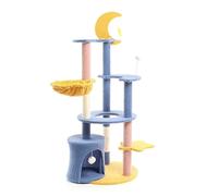 Fudajo Arbre à Chat - 132 cm de Haut - Design Ludique avec Lune et Étoiles - Meuble Grattage Félin Peluche - Couleur Bleu-Jaune - avec Maison, Sisal, Niche et Plate-forme, Balles de Jeu