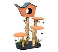 Fudajo Arbre à Chat - 135 cm de Haut - Design végétal avec Lierre et fougères - Meuble grattage félin Peluche - Couleur Vert-Orange - avec Cabane asymétrique, sisal, Niche et Plate-Forme, balles