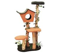 Fudajo Arbre à Chat - 154 cm de Haut - Design végétal avec Lierre et fougères - Meuble grattage félin Peluche - Couleur Vert-Orange - avec Cabane asymétrique, sisal, Niche et Plate-Forme, balles