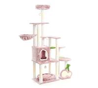 Fudajo Arbre à Chat - 162 cm de Haut - Design ludique « Cerise » - Meuble grattage félin Peluche - Couleur Rose - avec Maison, sisal, Niche et Plate-Forme, balles de Jeu