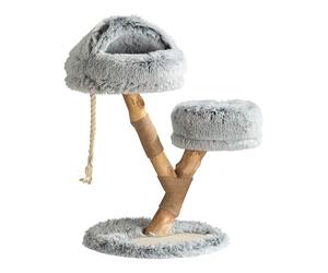 Fudajo Arbre à Chat - 80 cm de Haut - Design ludique « Branche » - Meuble grattage félin Peluche - Couleur crème-Gris - en Poirier - avec Grotte, Sisal et Plate-Forme