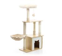 Fudajo Arbre à Chat Bois Beige 106cm Griffoir Maisonnette Hamac Balle Jeu Ludique Animal Domestique