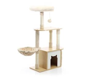 Fudajo Arbre à Chat Bois Beige 106cm Griffoir Maisonnette Hamac Balle Jeu Ludique Animal Domestique