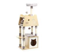 Fudajo Arbre à Chat Bois Gris 126cm Griffoir Maisonnette Hamac Balle Jeu Ludique Animal Domestique