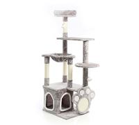Fudajo Arbre à Chat Motif Pattes Gris 135cm Griffoir Sisal Niche Hamac Jeux Ludique Balle