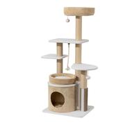 Fudajo Forest Oak, Arbre à Chat de 138 cm, Beige, avec Maison pour Chat, couchages et poteaux à griffer en Corde de Papier, Arbre à Chat avec élément de Massage