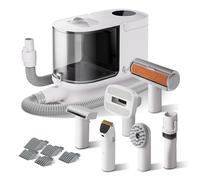 Fudajo Tondeuse pour chien avec aspirateur à poils d’animaux, 323 x 168 x 264 mm, 6 outils de toilettage pour animaux, boîte à poussière 2,5 L, tondeuse-aspirateur blanche