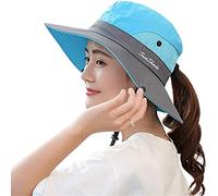 Fueerton Femme Pliable Chapeau de Soleil Réglable Coton Large Bord Visière Eté Plage Voyage UPF UV (Bleu Ciel)