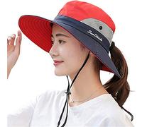Fueerton Femme Pliable Chapeau de Soleil Réglable Coton Large Bord Visière Eté Plage Voyage UPF UV (Rouge)