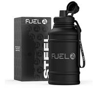 Fuel24 Gourde en métal noir de 1,3 l/2,2 l, résistante, anti-fuite et étanche, sans BPA, 2 L et 1 L, en acier inoxydable (1 litre), grande bouteille de sport pour homme, gourde