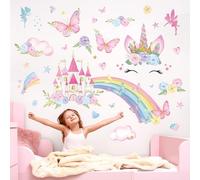 Fufuquare Autocollant Mural en Vinyle Rêve d'Arc-en-Ciel Roses Papillons Châteaux Non Toxiques