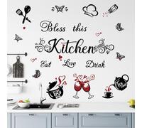 FUFUQUARE Autocollants Muraux de Cuisine Noir Bénissez Cette Cuisine Stickers Muraux Papillon Manger Aimer Boire Citation Ustensiles Art Décorations pour la Maison Salle à Manger Café Restaurant