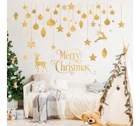 FUFUQUARE Autocollants Muraux de Noël Renne Doré Pailleté Clochettes Flocons de Neige Ornements Stickers Muraux pour Vitrine PVC Fête