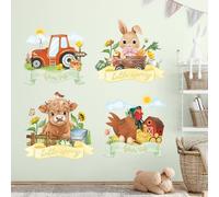 FUFUQUARE Lot de 4 Stickers Muraux Animaux de la Ferme Style Aquarelle Déco"Hello Spring" "Farm Life"Autocollants Muraux Amovibles pour Chambre Fille et Garçon Salon