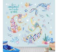 Fufuquare Sticker Muraux de Queue de Sirène et de Poissons Colorés Autocollant Mural Sous - Marine Auto - adhésif pour Chambres et Salles de Bains des Filles