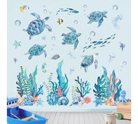 Fufuquare Sticker Muraux de Tortues Marines Bleues et d'Algues Autocollant Mural en Vinyle Sous - Marine Pelable pour Salle de Bains Cuisine Salon