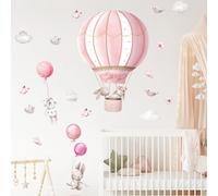 Fufuquare Sticker Muraux Lapins et Ballons Montgolfières Roses Autocollants Faciles à Coller Rêve Animal pour Chambres d'Enfants, Crèches et Salles de Classe