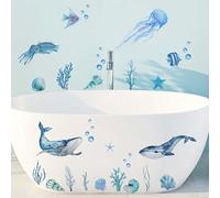FUFUQUARE Stickers Muraux Animaux Marins Style Aquarelle Décoration Murale Baleine Méduse Coraux Chambre Autocollants Bleus pour Salle de Bain Chambre Enfant Bébé