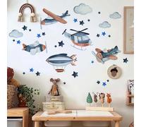 FUFUQUARE Stickers Muraux Avions et Hélicoptères Bleus Décoration Thème Aviation Étoiles Nuages Autocollants Muraux Aventure pour Chambre Garçon Stickers Pépinière