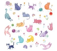 FUFUQUARE Stickers Muraux Chats Colorés Aquarelle Décoration Murale avec Petits Chatons Pelotes de Laine Fleurs Autocollants Amovibles pour Chambre de Fille et Salle de Jeux Salon