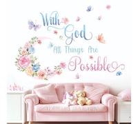 FUFUQUARE Stickers Muraux Citations "With God All Things Are Possible" Décoration Murale Fleurs Roses et Papillons Aquarelle Autocollants pour Chambre Salon ou Bureau