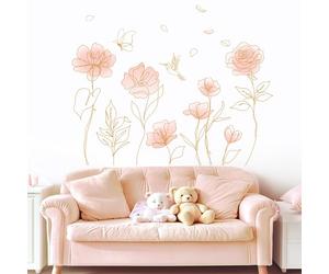 FUFUQUARE Stickers Muraux Fleurs Or et Rose Ligne Abstraite Autocollants Muraux Papillon et Oiseau Décor de Murale Amovible DIY pour Chambre Fille Bébé Salon Salle à Manger