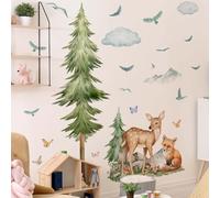 FUFUQUARE Stickers Muraux Grand Sapin et Animaux de la Forêt Déco Murale Bébé Style Aquarelle Autocollants Biche Renard Nuages et Papillons pour Salon Chambre Fille et Garçon