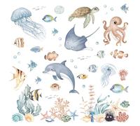 FUFUQUARE Stickers Muraux Monde Sous-Marin Aquarelle Animaux de l'Océan Dauphin Méduse Poissons Déco Murale Thème Mer Autocollants pour Salle de Bain et Chambre Enfant
