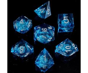 Fugacity DND Dice Set, Liquid Core Handmade Sharp Edge 7 Piece Resin Dice-Dungeons and Dragons Polyhedral Dice Set, D&D Dice Set with Gift Dice Case for RPG MTG Table Games(Blue Sand & Silver)