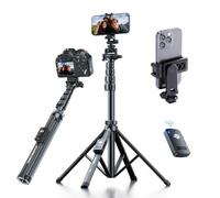 Fugetek Trépied professionnel pour téléphone portable de 157,5 cm, design stable à 4 pieds, télécommande Bluetooth, bâton et pieds 100 % aluminium, portable tout-en-un, compatible avec iPhone et