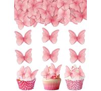 FUGLUS 48 PCS Papillon Décorations Gâteau Comestible,Papier de Riz DéCoration GâTeau avec Boîte,Cupcake Toppers Décorations Comestible pour Mariage,Anniversaire,Baptême,Fête,Noël(Rose)