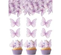 FUGLUS 48 PCS Papillon Décorations Gâteau Comestible,Papier de Riz DéCoration GâTeau avec Boîte,Cupcake Toppers Décorations Comestible pour Mariage,Anniversaire,Baptême,Fête,Noël(Violet)