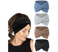 FUGLUS 4Pcs Bandeaux mode pour femmes, élastique extra large pour le sport et le yoga, bandeaux de cheveux bohème multicolores, accessoire bandana noué pour cheveux