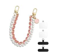 FUGLUS Dragonne de Téléphone, Perle Chaîne Téléphone Portable Charme De Téléphone, Anti-Perte Longe de Téléphone avec Chaîne en Cuir Métallique et Fleur, Bracelet Telephone avec 4 Patchs Arrière