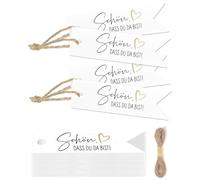FUGLUS Lot de 100 étiquettes cadeaux avec pendentif « Glad You Are Here » en allemand, pour mariage, anniversaire, Noël, baptême, JGA, avec ficelle et cœur