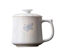 FUHAI-666 Tasses à café Tasse en céramique motif papillon et fleur avec anse couvercle, grande capacité, for la maison, le bureau ou café