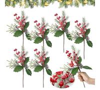 Fuhesgu Lot de 6 Tiges de Baies de Noël Rouges Branches de Baies de Noël 33-35 cm, Baie Rouges Artificielles Branches de Pin Artificielles avec Baie Branche Artificielle et Pommes de Pin Décoratives